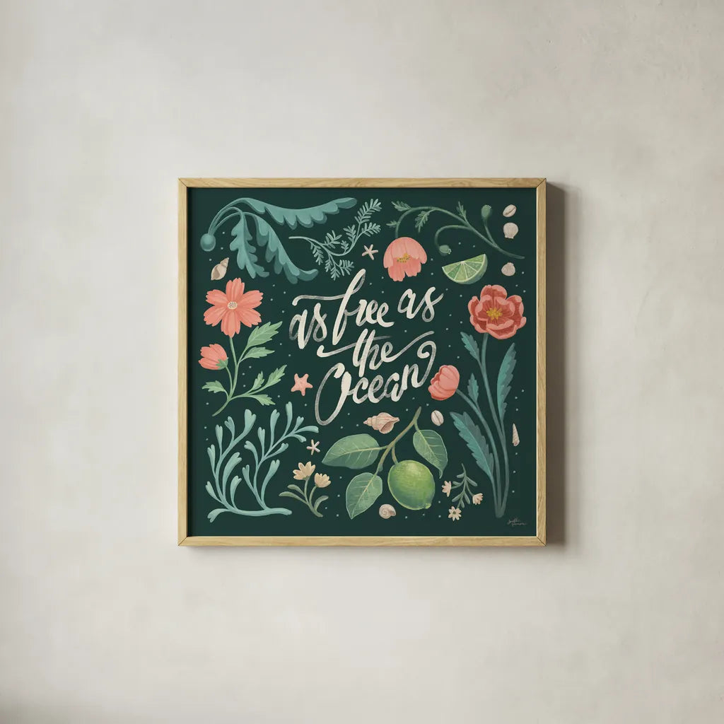 Seaside Botanical IV Dark by Janelle Penner. Shown in a natural wood glass frame for a timeless modern aesthetic. Available as an archival giclee rolled canvas, fine art paper, or poster print. SKU 57016a.