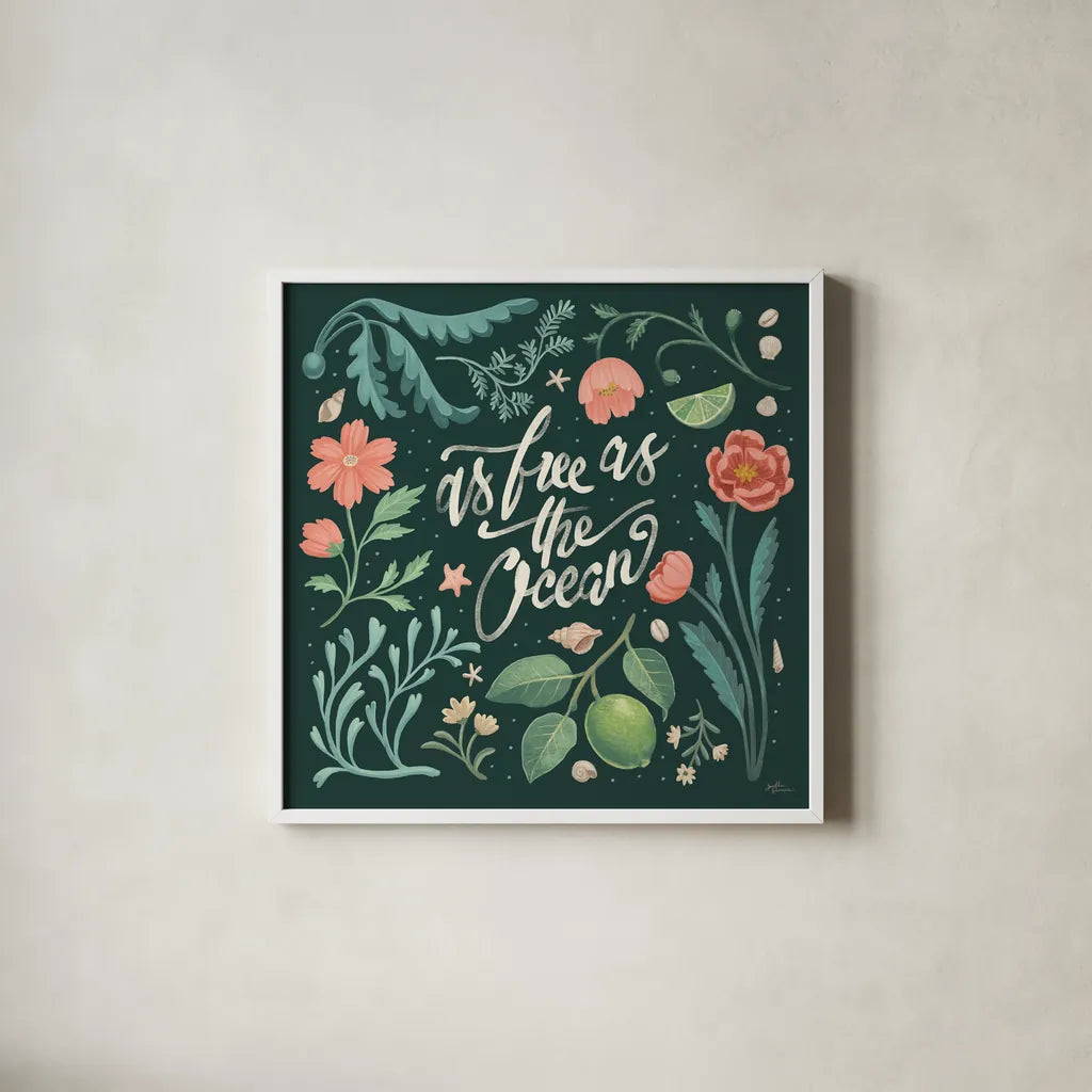 Seaside Botanical IV Dark by Janelle Penner. Shown in a crisp white glass frame for a clean and minimalist style. Available as an archival giclee rolled canvas, fine art paper, or poster print. SKU 57016a.