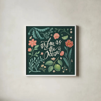 Seaside Botanical IV Dark by Janelle Penner. Shown in a crisp white glass frame for a clean and minimalist style. Available as an archival giclee rolled canvas, fine art paper, or poster print. SKU 57016a.