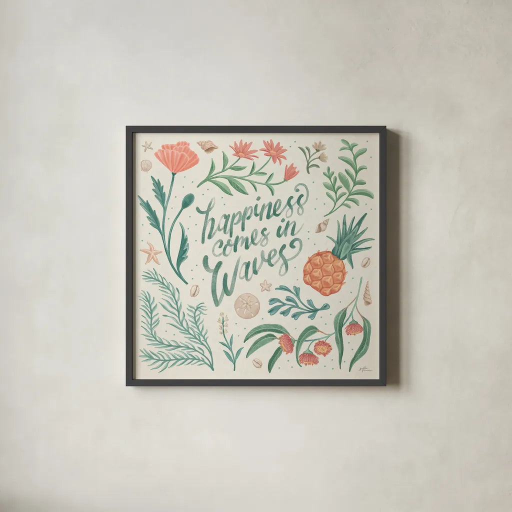 Seaside Botanical V by Janelle Penner. Shown in a sleek black glass frame for a contemporary gallery look. Available as an archival giclee rolled canvas, fine art paper, or poster print. SKU 57012a.