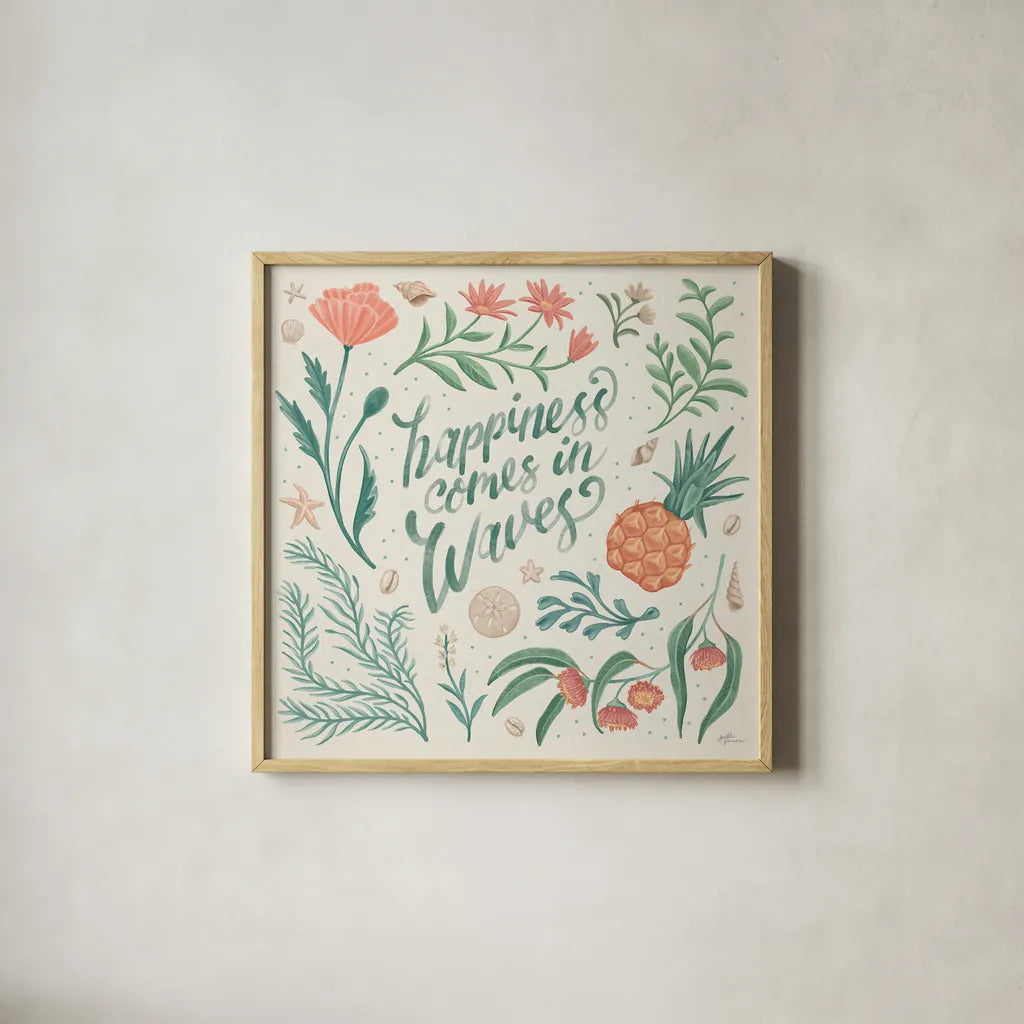 Seaside Botanical V by Janelle Penner. Shown in a natural wood glass frame for a timeless modern aesthetic. Available as an archival giclee rolled canvas, fine art paper, or poster print. SKU 57012a.