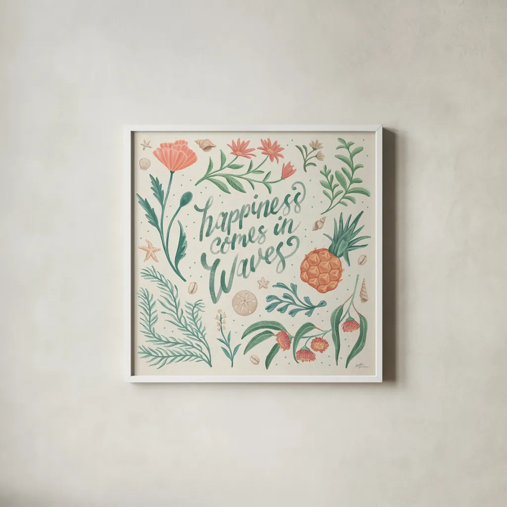 Seaside Botanical V by Janelle Penner. Shown in a crisp white glass frame for a clean and minimalist style. Available as an archival giclee rolled canvas, fine art paper, or poster print. SKU 57012a.