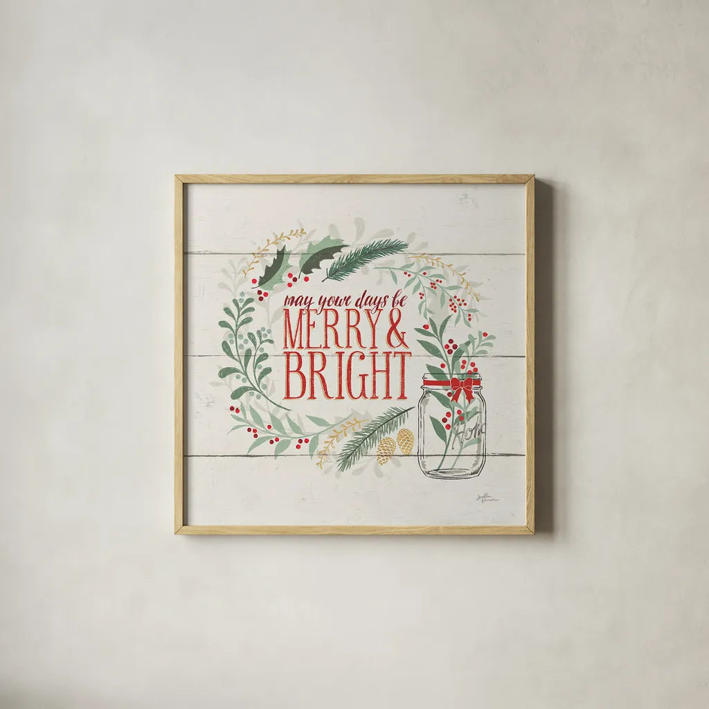 Seasons Greetings II by Janelle Penner. Shown in a natural wood glass frame for a timeless modern aesthetic. Available as an archival giclee rolled canvas, fine art paper, or poster print. SKU 31490a.