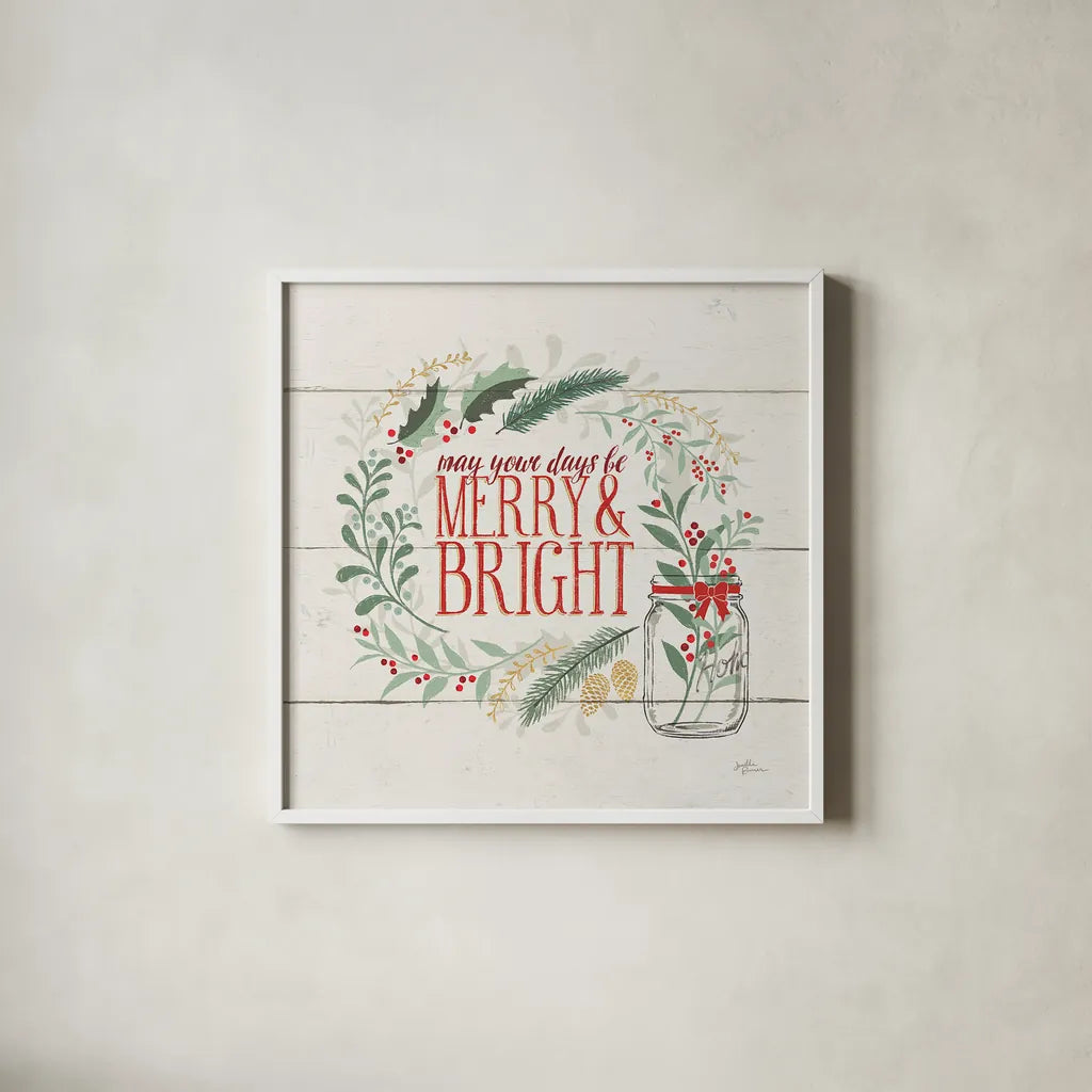 Seasons Greetings II by Janelle Penner. Shown in a crisp white glass frame for a clean and minimalist style. Available as an archival giclee rolled canvas, fine art paper, or poster print. SKU 31490a.