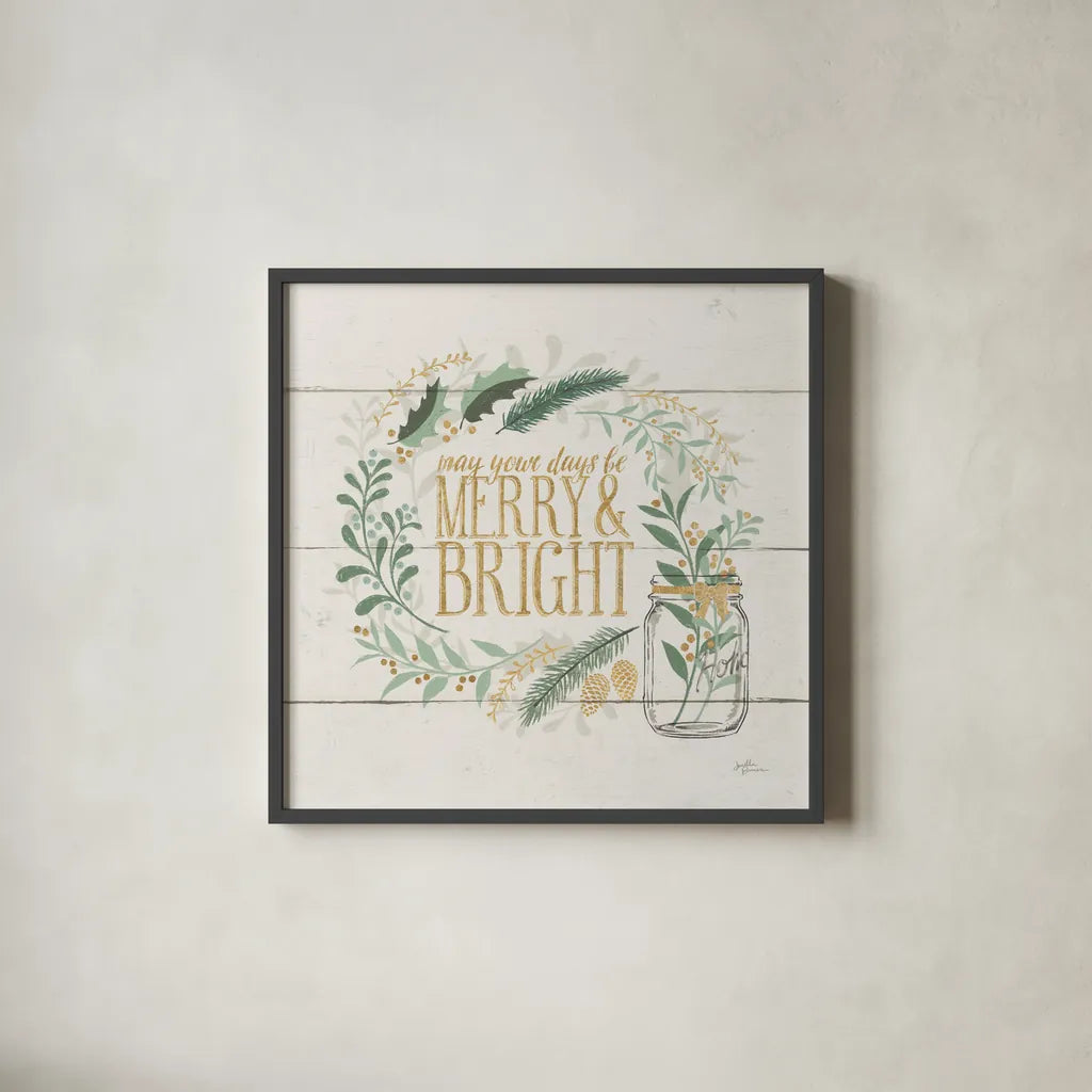 Seasons Greetings II Gold by Janelle Penner. Shown in a sleek black glass frame for a contemporary gallery look. Available as an archival giclee rolled canvas, fine art paper, or poster print. SKU 57730a.