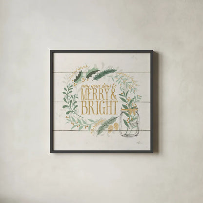 Seasons Greetings II Gold by Janelle Penner. Shown in a sleek black glass frame for a contemporary gallery look. Available as an archival giclee rolled canvas, fine art paper, or poster print. SKU 57730a.