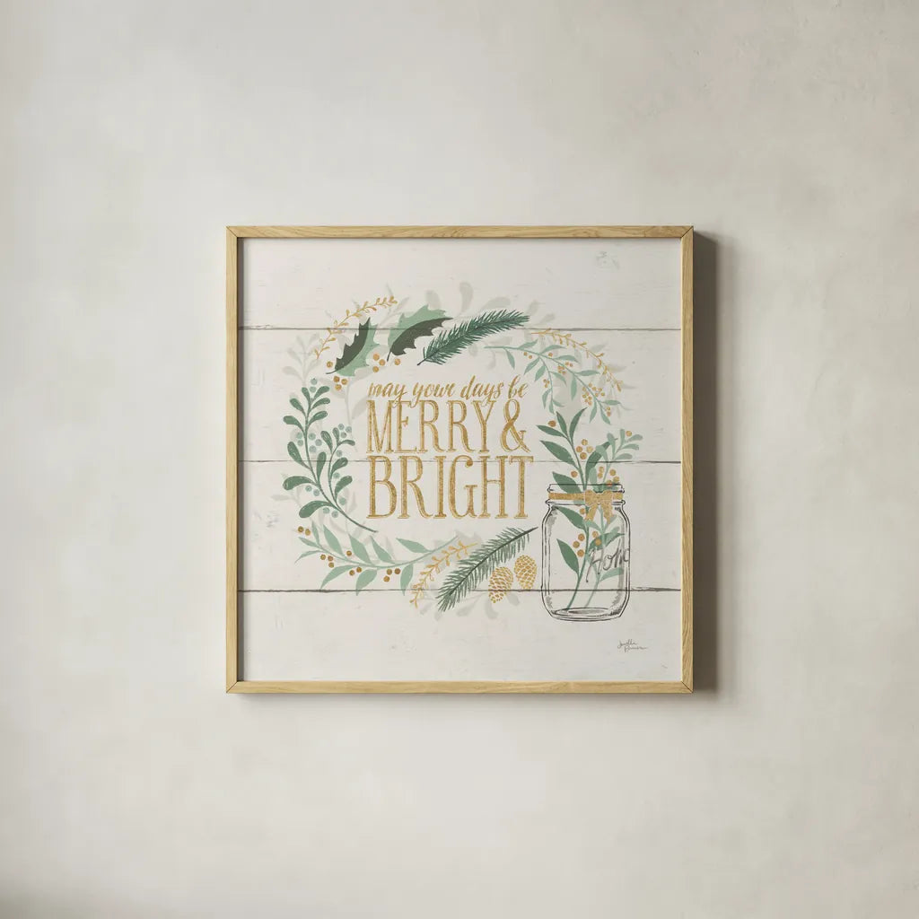 Seasons Greetings II Gold by Janelle Penner. Shown in a natural wood glass frame for a timeless modern aesthetic. Available as an archival giclee rolled canvas, fine art paper, or poster print. SKU 57730a.