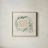 Seasons Greetings II Gold by Janelle Penner. Shown in a natural wood glass frame for a timeless modern aesthetic. Available as an archival giclee rolled canvas, fine art paper, or poster print. SKU 57730a.