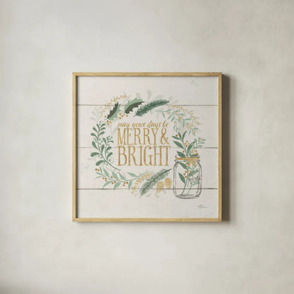 Seasons Greetings II Gold by Janelle Penner. Shown in a natural wood glass frame for a timeless modern aesthetic. Available as an archival giclee rolled canvas, fine art paper, or poster print. SKU 57730a.