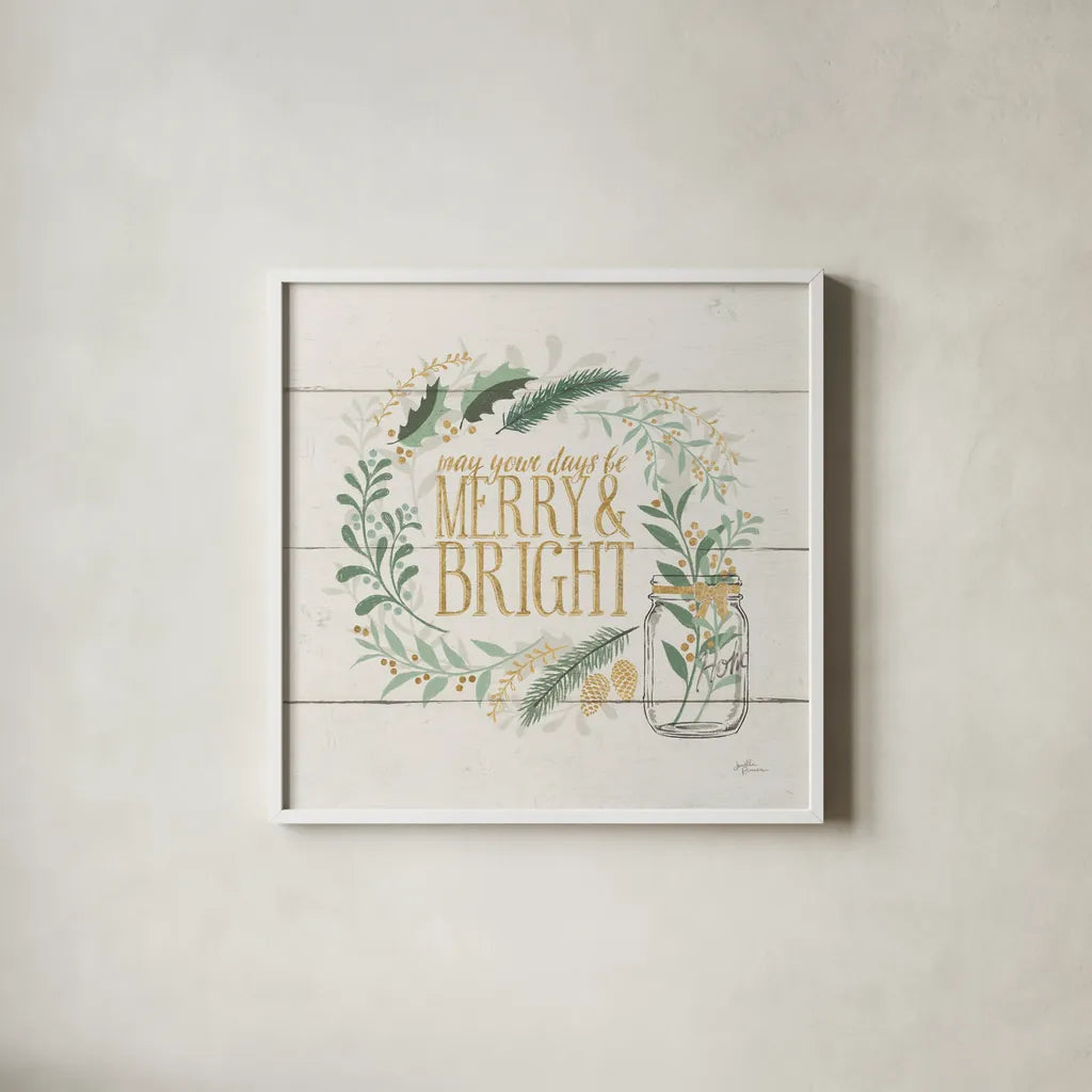 Seasons Greetings II Gold by Janelle Penner. Shown in a crisp white glass frame for a clean and minimalist style. Available as an archival giclee rolled canvas, fine art paper, or poster print. SKU 57730a.
