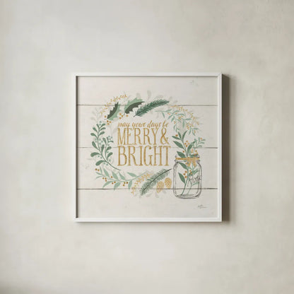 Seasons Greetings II Gold by Janelle Penner. Shown in a crisp white glass frame for a clean and minimalist style. Available as an archival giclee rolled canvas, fine art paper, or poster print. SKU 57730a.