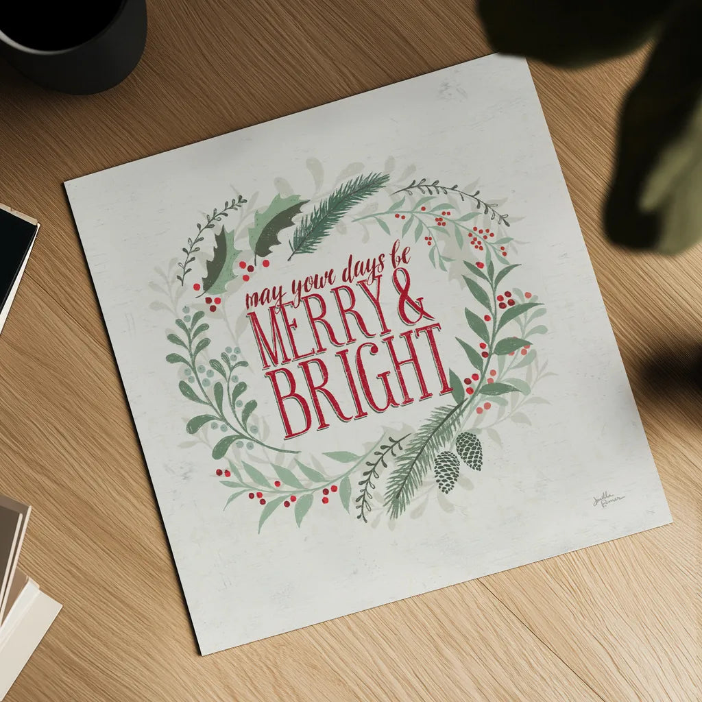 Seasons Greetings II Wreath by Janelle Penner. Shown as a detailed flat fine art print, highlighting archival giclee quality. Available as an archival giclee rolled canvas, fine art paper, or poster print. SKU 59700a.