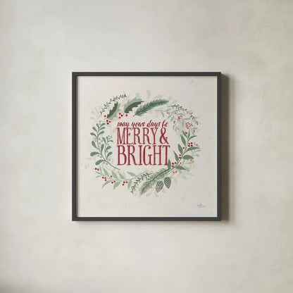 Seasons Greetings II Wreath by Janelle Penner. Shown in a sleek black glass frame for a contemporary gallery look. Available as an archival giclee rolled canvas, fine art paper, or poster print. SKU 59700a.
