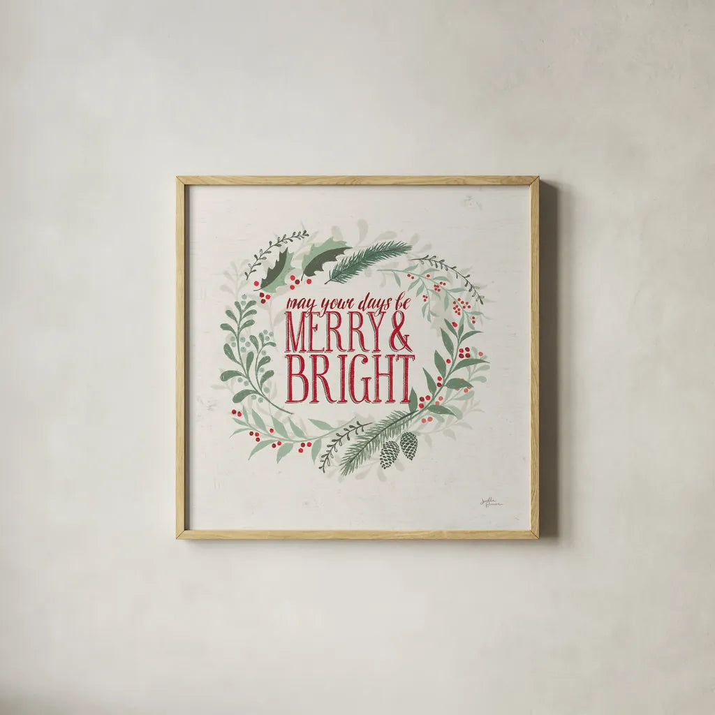 Seasons Greetings II Wreath by Janelle Penner. Shown in a natural wood glass frame for a timeless modern aesthetic. Available as an archival giclee rolled canvas, fine art paper, or poster print. SKU 59700a.