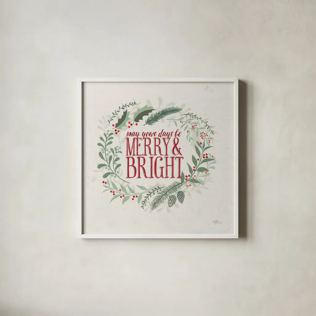 Seasons Greetings II Wreath by Janelle Penner. Shown in a crisp white glass frame for a clean and minimalist style. Available as an archival giclee rolled canvas, fine art paper, or poster print. SKU 59700a.