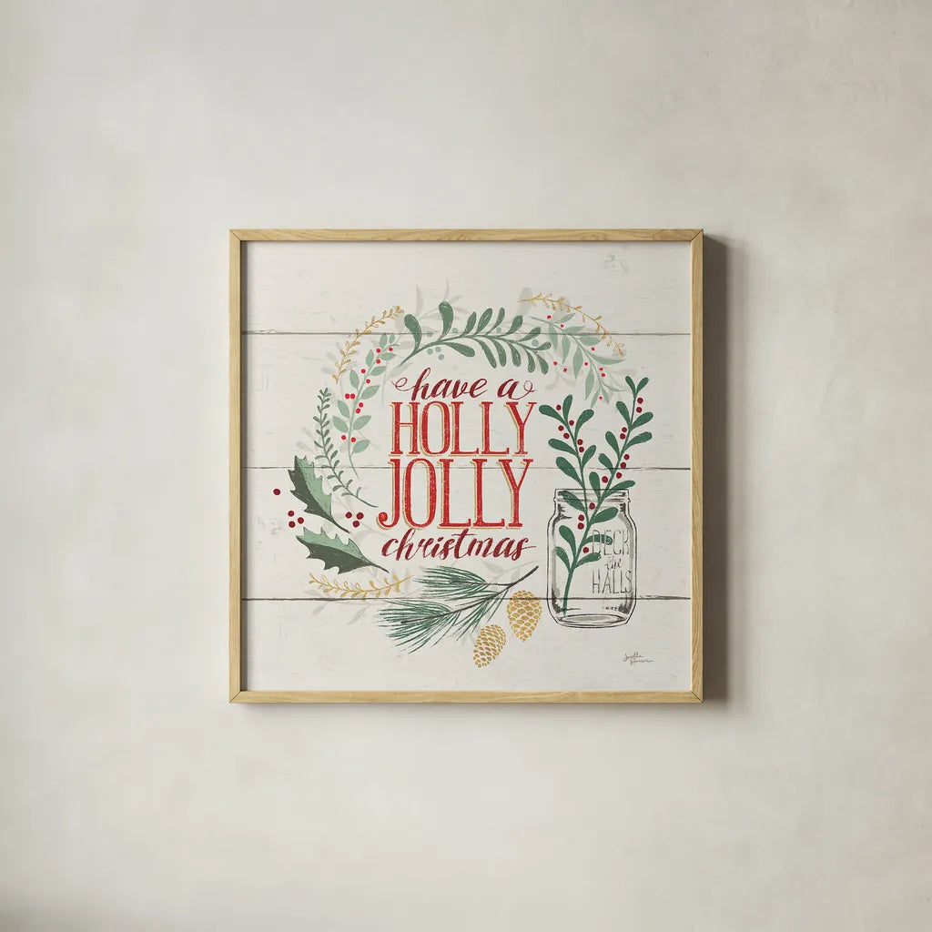 Seasons Greetings III by Janelle Penner. Shown in a natural wood glass frame for a timeless modern aesthetic. Available as an archival giclee rolled canvas, fine art paper, or poster print. SKU 31491a.