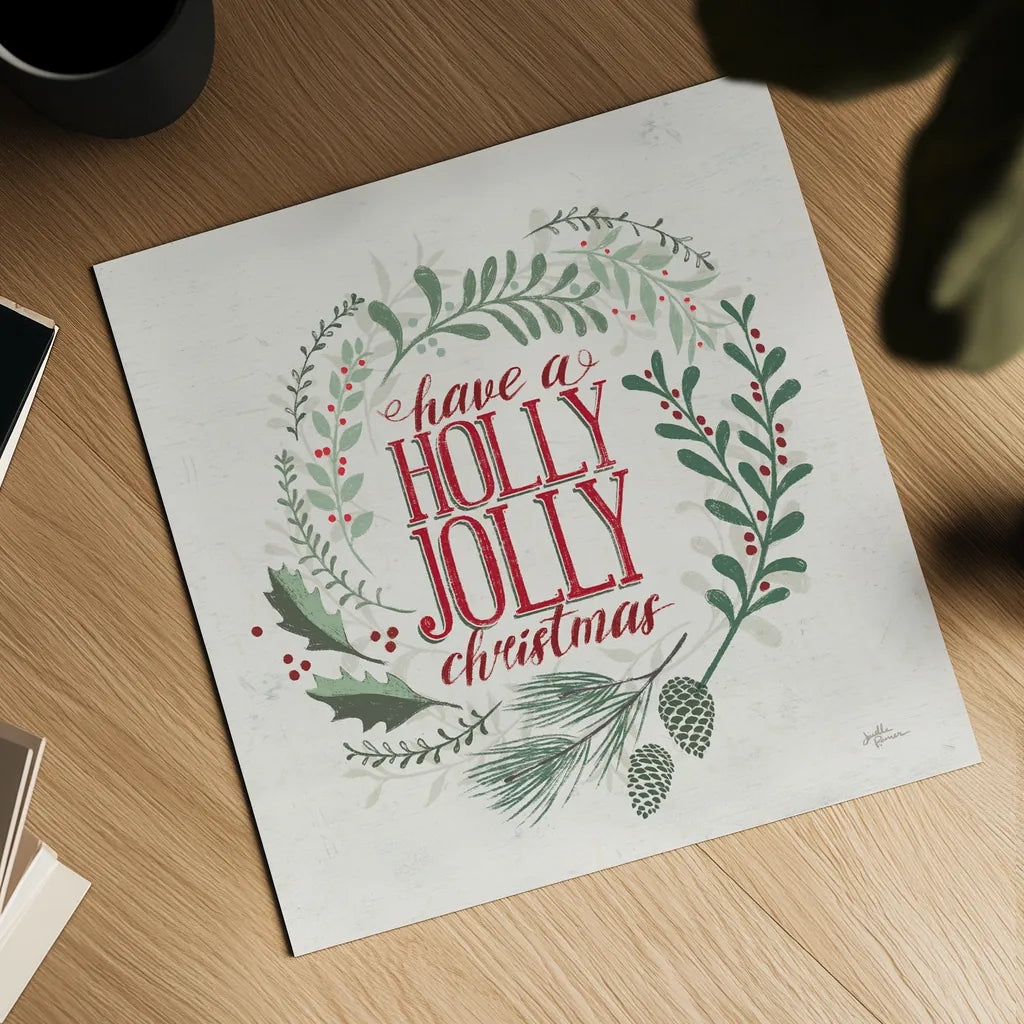 Seasons Greetings III Wreath by Janelle Penner. Shown as a detailed flat fine art print, highlighting archival giclee quality. Available as an archival giclee rolled canvas, fine art paper, or poster print. SKU 59701a.