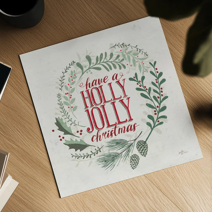 Seasons Greetings III Wreath by Janelle Penner. Shown as a detailed flat fine art print, highlighting archival giclee quality. Available as an archival giclee rolled canvas, fine art paper, or poster print. SKU 59701a.