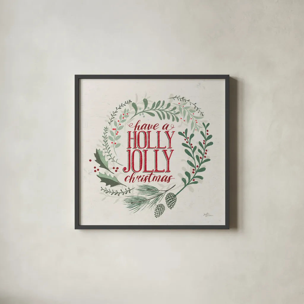 Seasons Greetings III Wreath by Janelle Penner. Shown in a sleek black glass frame for a contemporary gallery look. Available as an archival giclee rolled canvas, fine art paper, or poster print. SKU 59701a.