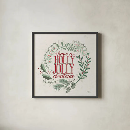 Seasons Greetings III Wreath by Janelle Penner. Shown in a sleek black glass frame for a contemporary gallery look. Available as an archival giclee rolled canvas, fine art paper, or poster print. SKU 59701a.