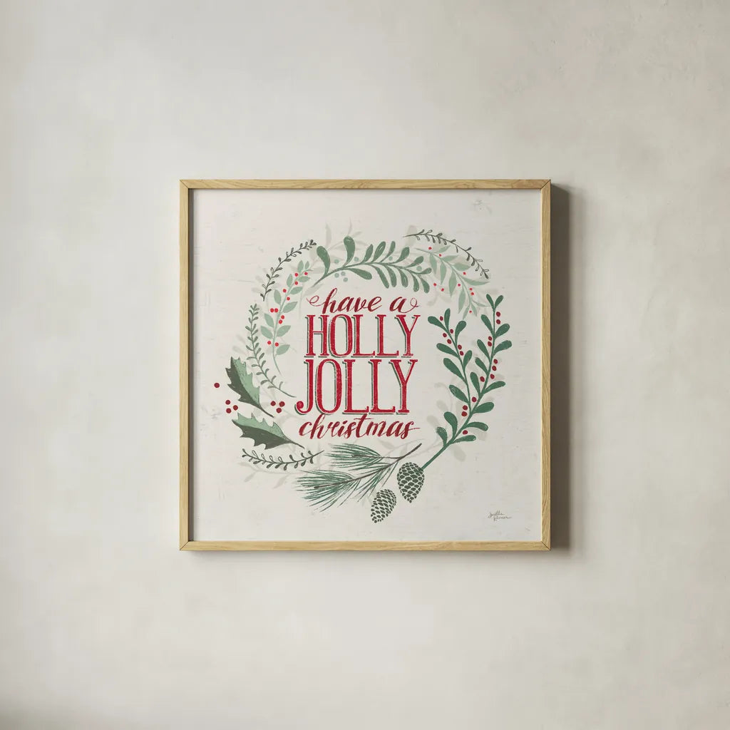 Seasons Greetings III Wreath by Janelle Penner. Shown in a natural wood glass frame for a timeless modern aesthetic. Available as an archival giclee rolled canvas, fine art paper, or poster print. SKU 59701a.
