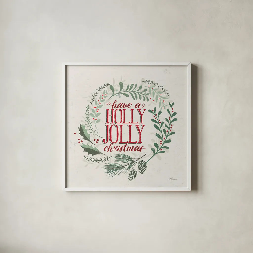 Seasons Greetings III Wreath by Janelle Penner. Shown in a crisp white glass frame for a clean and minimalist style. Available as an archival giclee rolled canvas, fine art paper, or poster print. SKU 59701a.