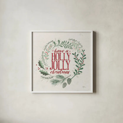 Seasons Greetings III Wreath by Janelle Penner. Shown in a crisp white glass frame for a clean and minimalist style. Available as an archival giclee rolled canvas, fine art paper, or poster print. SKU 59701a.