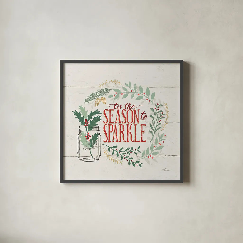 Seasons Greetings IV by Janelle Penner. Shown in a sleek black glass frame for a contemporary gallery look. Available as an archival giclee rolled canvas, fine art paper, or poster print. SKU 31492a.