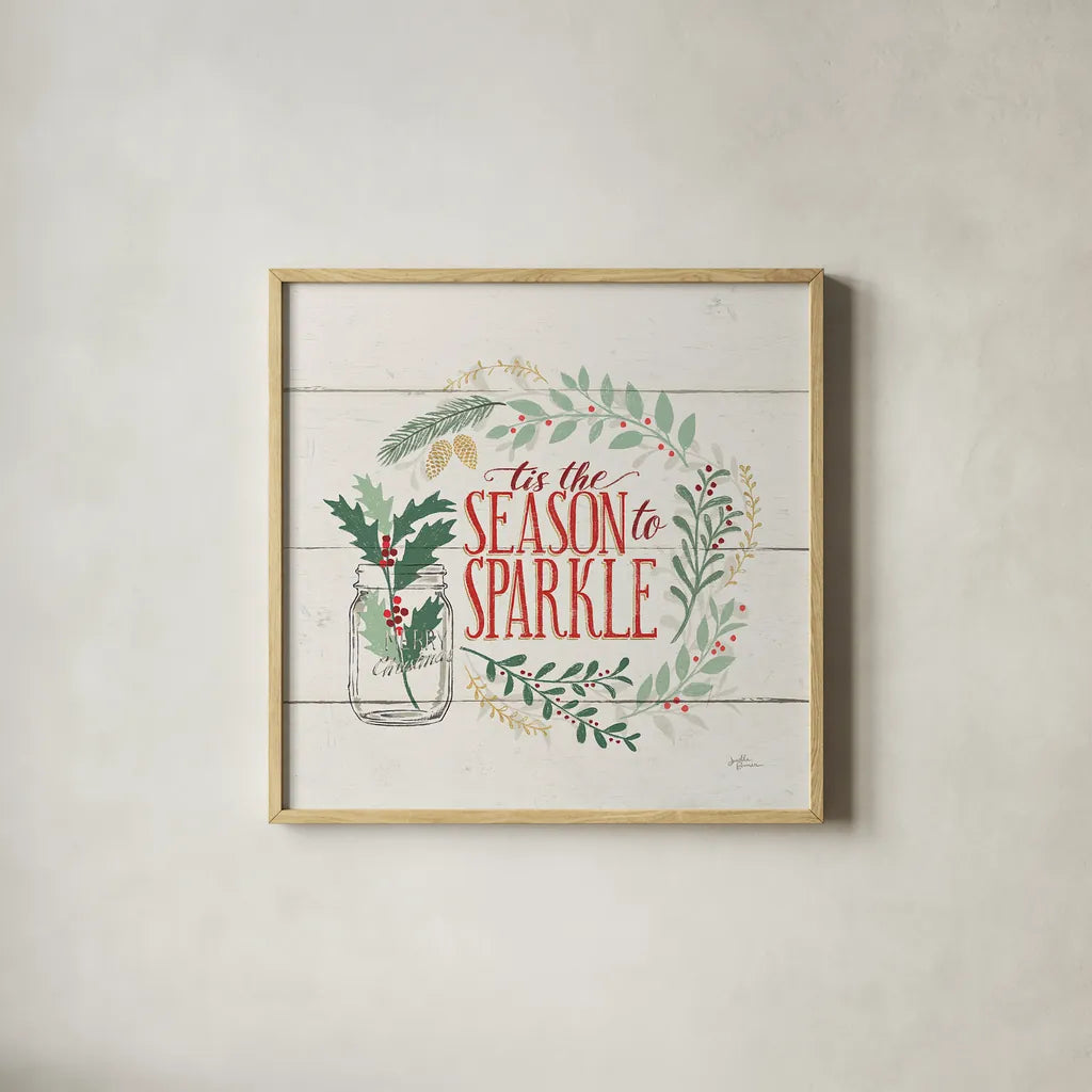 Seasons Greetings IV by Janelle Penner. Shown in a natural wood glass frame for a timeless modern aesthetic. Available as an archival giclee rolled canvas, fine art paper, or poster print. SKU 31492a.