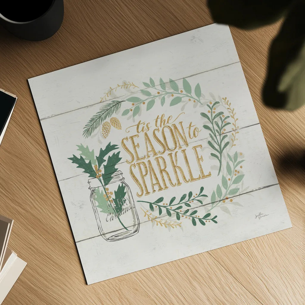 Seasons Greetings IV Gold by Janelle Penner. Shown as a detailed flat fine art print, highlighting archival giclee quality. Available as an archival giclee rolled canvas, fine art paper, or poster print. SKU 57731a.