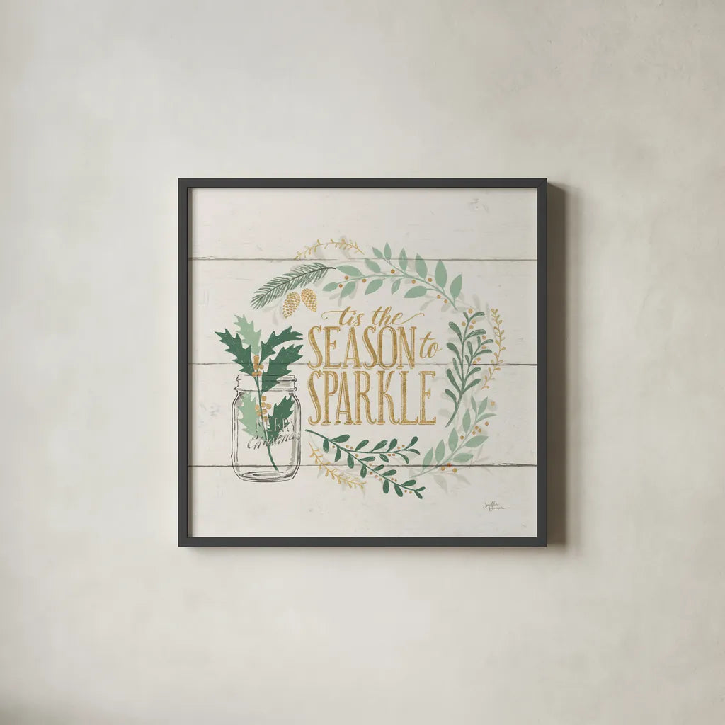 Seasons Greetings IV Gold by Janelle Penner. Shown in a sleek black glass frame for a contemporary gallery look. Available as an archival giclee rolled canvas, fine art paper, or poster print. SKU 57731a.