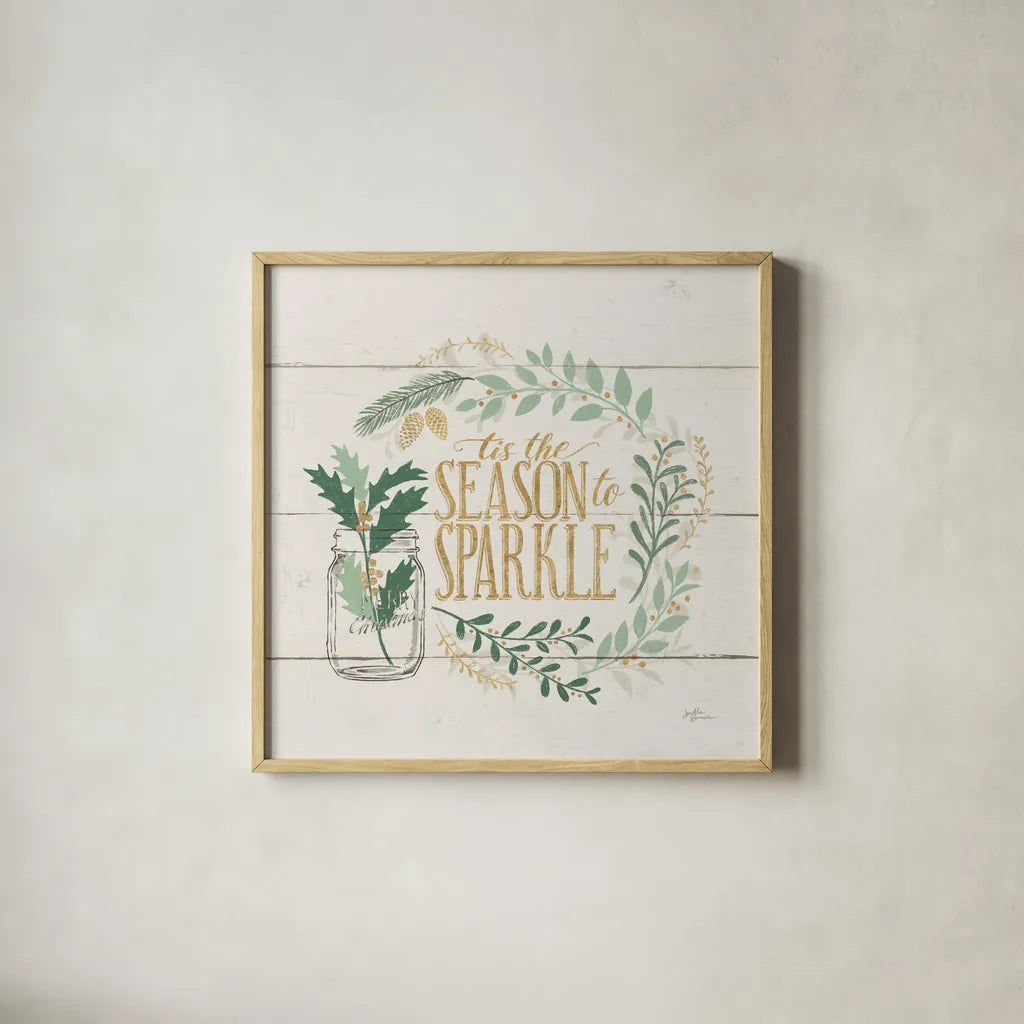 Seasons Greetings IV Gold by Janelle Penner. Shown in a natural wood glass frame for a timeless modern aesthetic. Available as an archival giclee rolled canvas, fine art paper, or poster print. SKU 57731a.