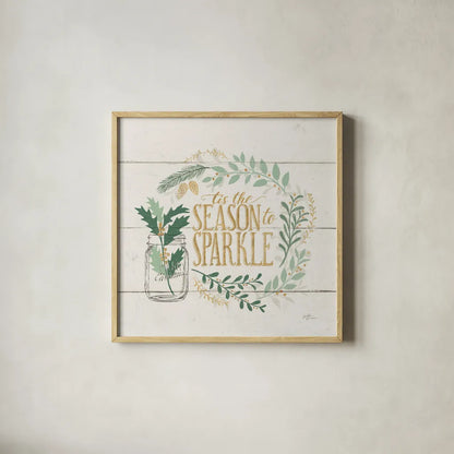 Seasons Greetings IV Gold by Janelle Penner. Shown in a natural wood glass frame for a timeless modern aesthetic. Available as an archival giclee rolled canvas, fine art paper, or poster print. SKU 57731a.
