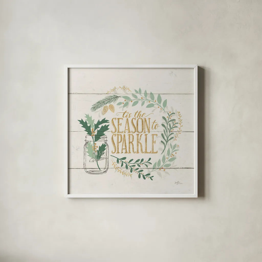 Seasons Greetings IV Gold by Janelle Penner. Shown in a crisp white glass frame for a clean and minimalist style. Available as an archival giclee rolled canvas, fine art paper, or poster print. SKU 57731a.
