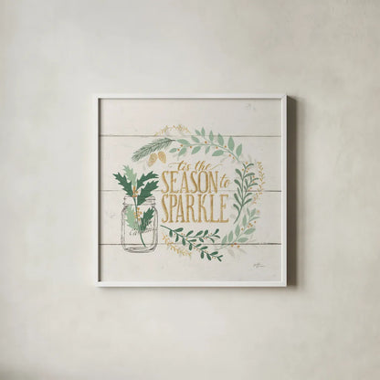 Seasons Greetings IV Gold by Janelle Penner. Shown in a crisp white glass frame for a clean and minimalist style. Available as an archival giclee rolled canvas, fine art paper, or poster print. SKU 57731a.