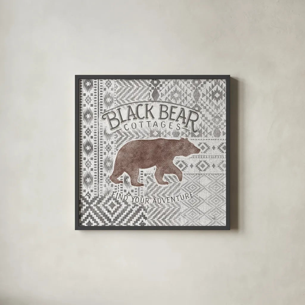 Soft Lodge I Brown by Janelle Penner. Shown in a sleek black glass frame for a contemporary gallery look. Available as an archival giclee rolled canvas, fine art paper, or poster print. SKU 47959a.