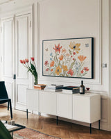Spiced Petals I by Janelle Penner. shown as a framed stretched canvas in a living room above a console. Available as a archival giclee rolled canvas, fine art paper, or poster print. SKU 60838i.