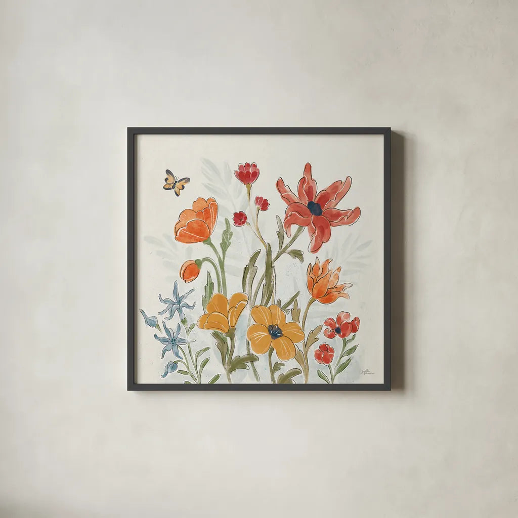 Spiced Petals II by Janelle Penner. Shown in a sleek black glass frame for a contemporary gallery look. Available as an archival giclee rolled canvas, fine art paper, or poster print. SKU 60839a.