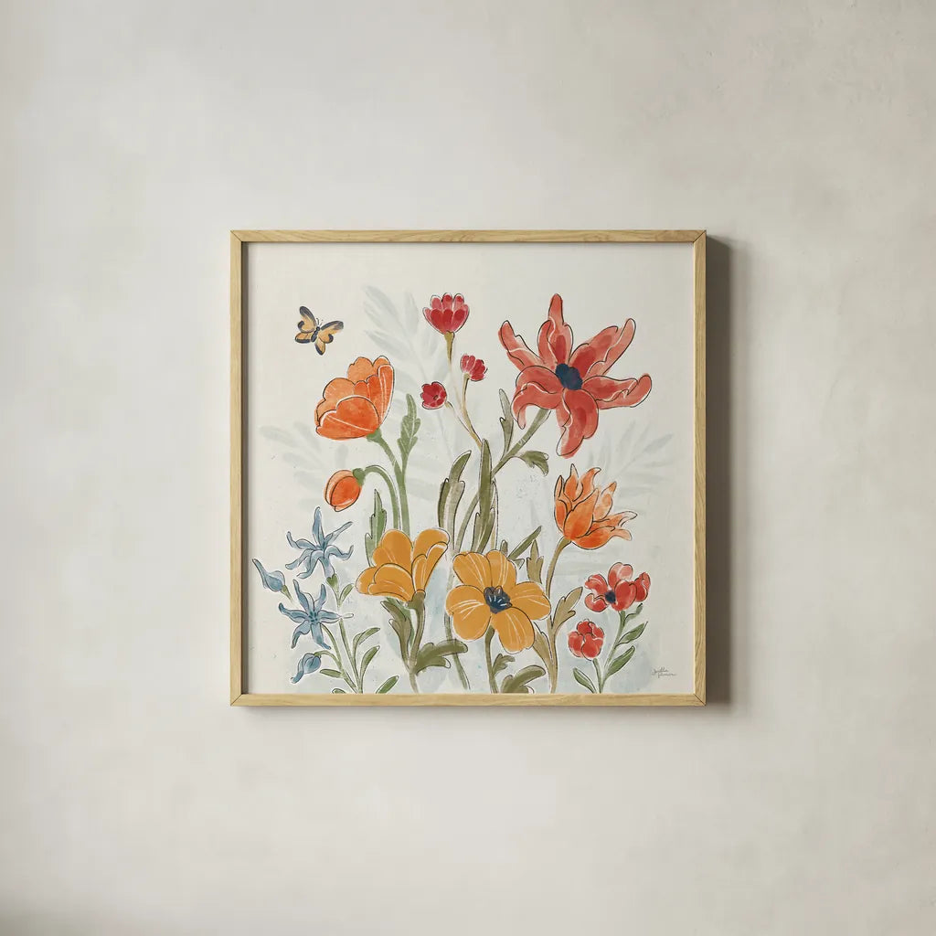 Spiced Petals II by Janelle Penner. Shown in a natural wood glass frame for a timeless modern aesthetic. Available as an archival giclee rolled canvas, fine art paper, or poster print. SKU 60839a.