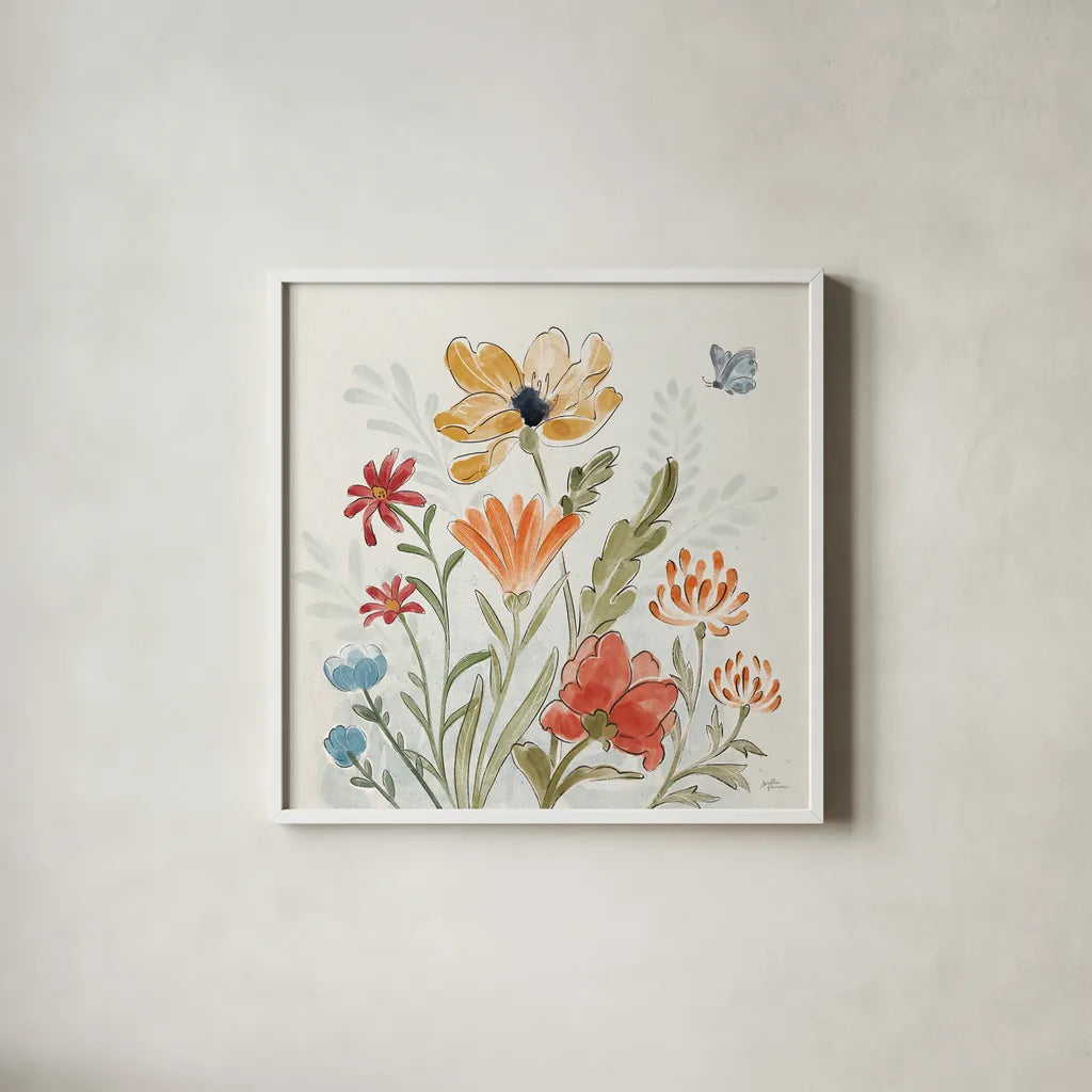 Spiced Petals III by Janelle Penner. Shown in a crisp white glass frame for a clean and minimalist style. Available as an archival giclee rolled canvas, fine art paper, or poster print. SKU 60840a.