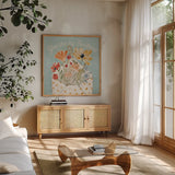 Spiced Petals IV by Janelle Penner. Shown in a natural wood frame in a cozy modern living room. Available as an archival giclee rolled canvas, fine art paper, or poster print. SKU 60841a.