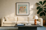 Spiced Petals IV by Janelle Penner. Displayed in a glass frame with matte in a clean modern living room. Available as an archival giclee rolled canvas, fine art paper, or poster print. SKU 60841a.