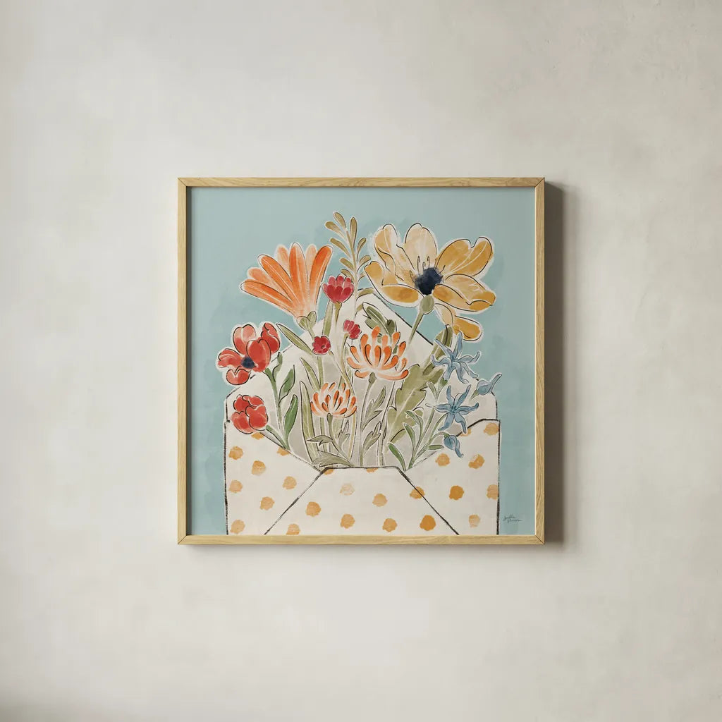 Spiced Petals IV No Words by Janelle Penner. Shown in a natural wood glass frame for a timeless modern aesthetic. Available as an archival giclee rolled canvas, fine art paper, or poster print. SKU 68762a.