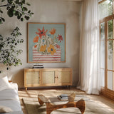 Spiced Petals V No Words by Janelle Penner. Shown in a natural wood frame in a cozy modern living room. Available as an archival giclee rolled canvas, fine art paper, or poster print. SKU 68763a.