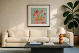 Spiced Petals V No Words by Janelle Penner. Displayed in a glass frame with matte in a clean modern living room. Available as an archival giclee rolled canvas, fine art paper, or poster print. SKU 68763a.