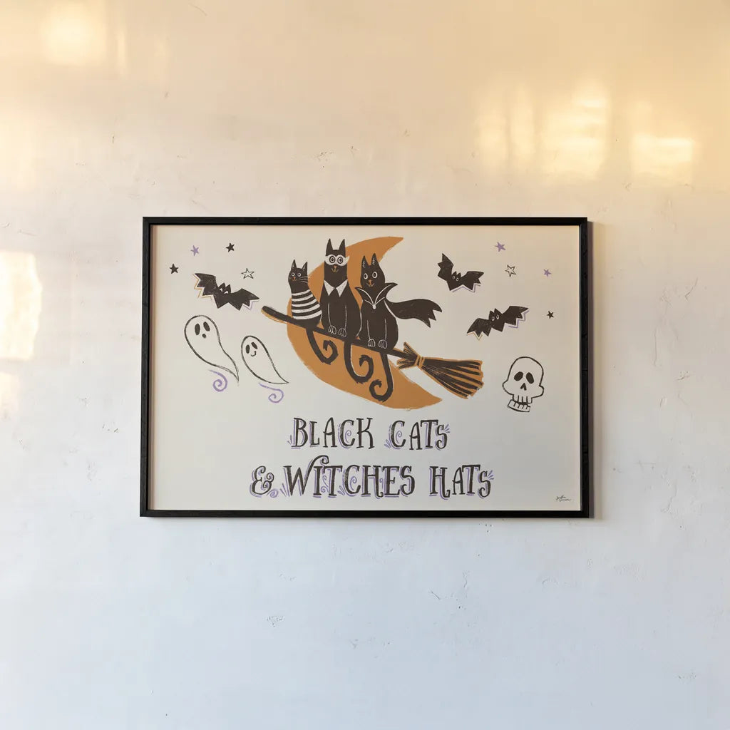 Spooktacular I Witches Hats by Janelle Penner. shown as a paper print in a black flame. Available as a archival giclee rolled canvas, fine art paper, or poster print. SKU 49062i.