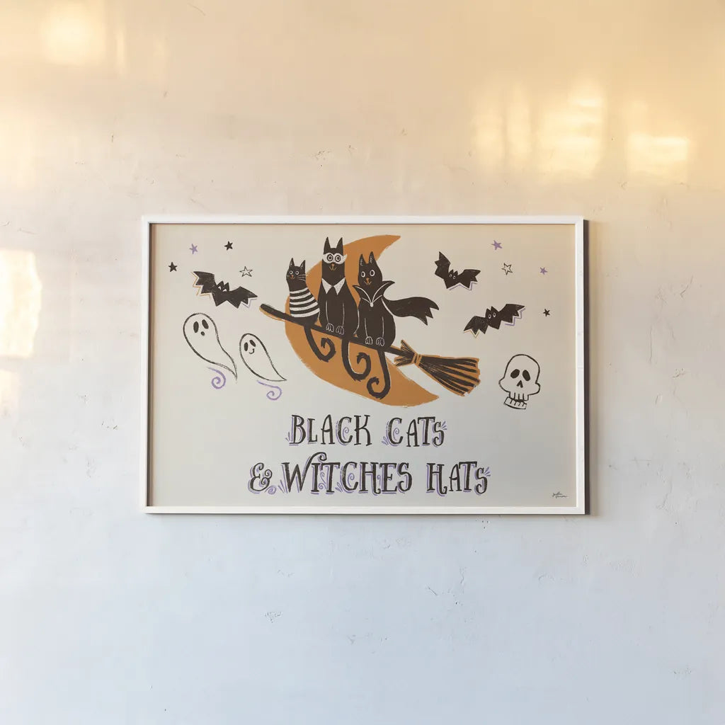 Spooktacular I Witches Hats by Janelle Penner. shown as a paper print in a white frame. Available as a archival giclee rolled canvas, fine art paper, or poster print. SKU 49062i.