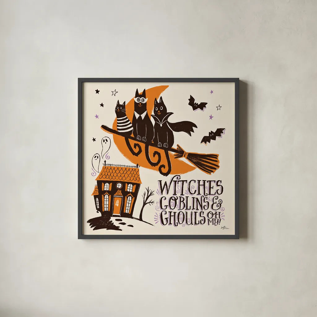 Spooktacular II by Janelle Penner. Shown in a sleek black glass frame for a contemporary gallery look. Available as an archival giclee rolled canvas, fine art paper, or poster print. SKU 37847a.