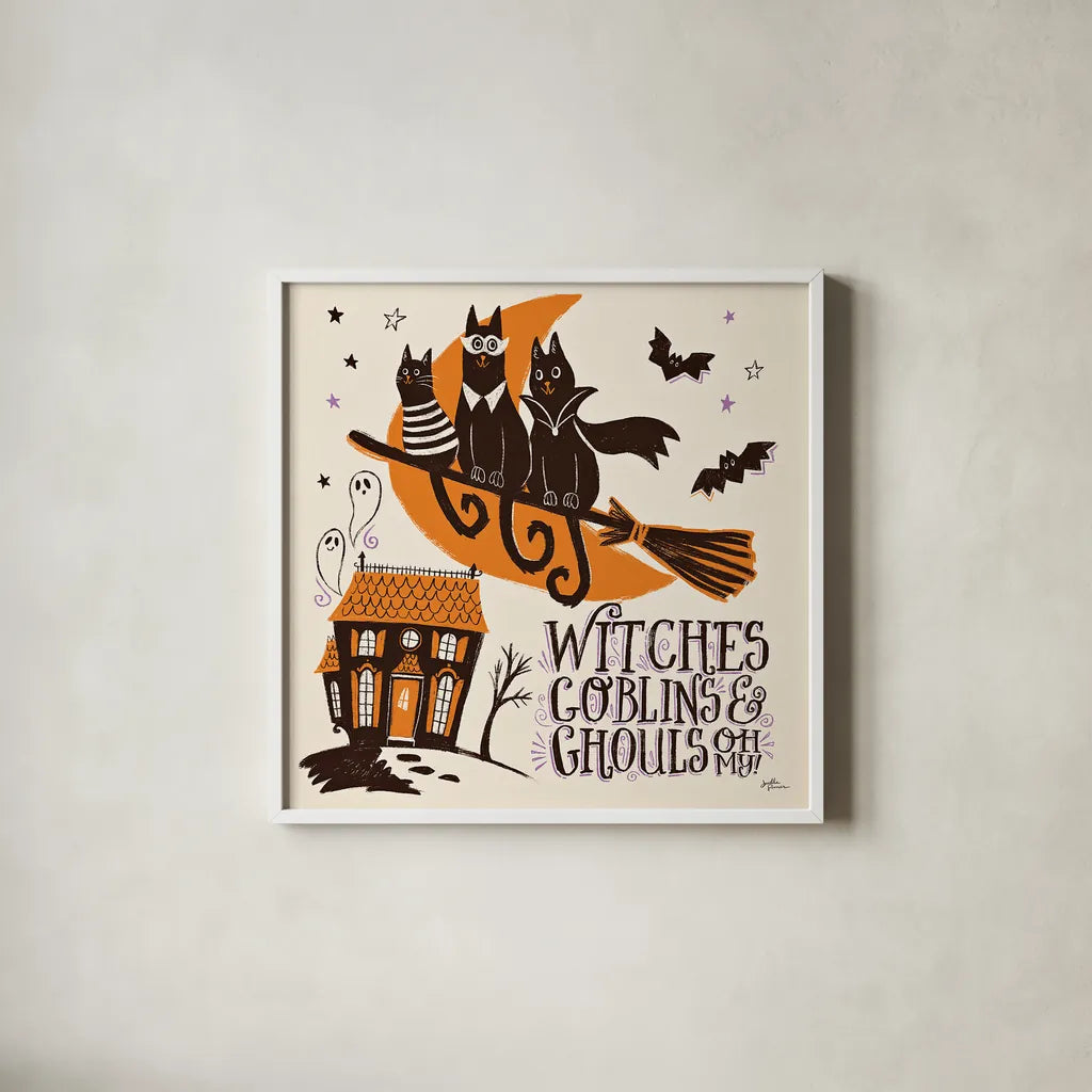 Spooktacular II by Janelle Penner. Shown in a crisp white glass frame for a clean and minimalist style. Available as an archival giclee rolled canvas, fine art paper, or poster print. SKU 37847a.