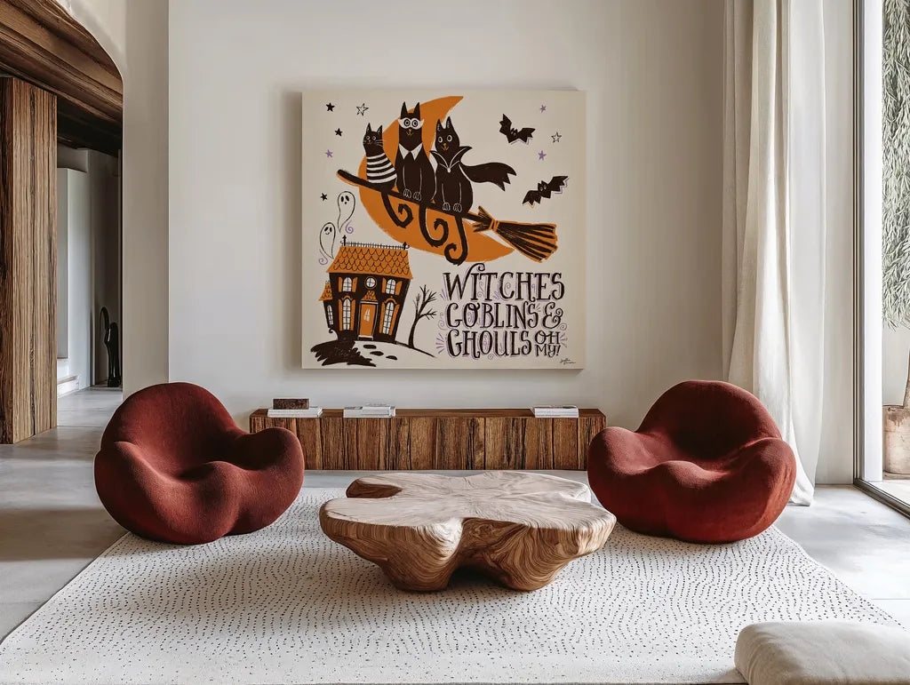 Spooktacular II by Janelle Penner. Shown as extra-large giant wall art in a modern living room. Available as an archival giclee rolled canvas, fine art paper, or poster print. SKU 37847a.